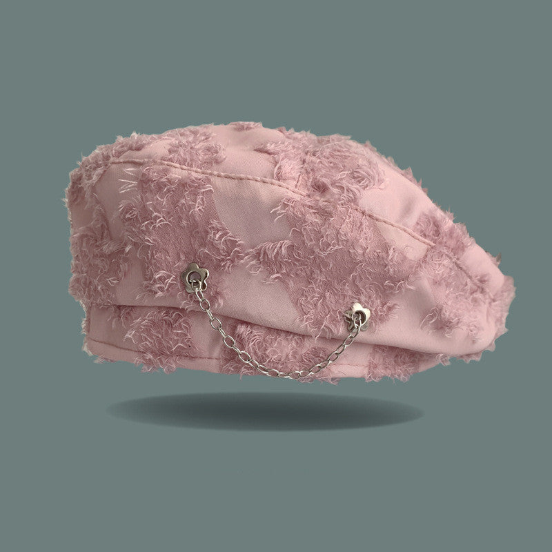 pink distressed frayed flower chain beret