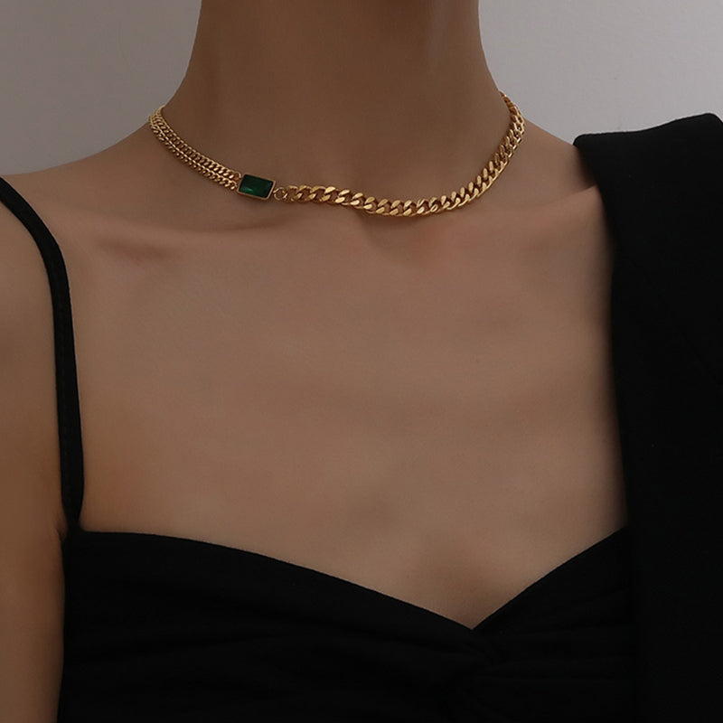 chic expensive 18k gold plated choker chain necklace elegant emerald green stone