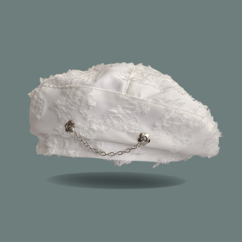 white distressed frayed flower chain beret