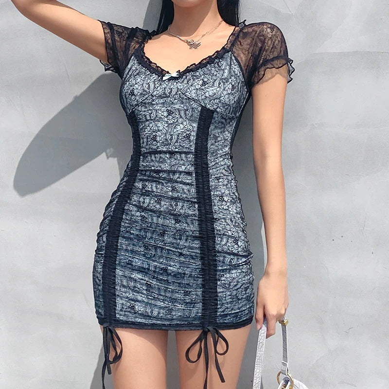 ruched blue dress with black lace