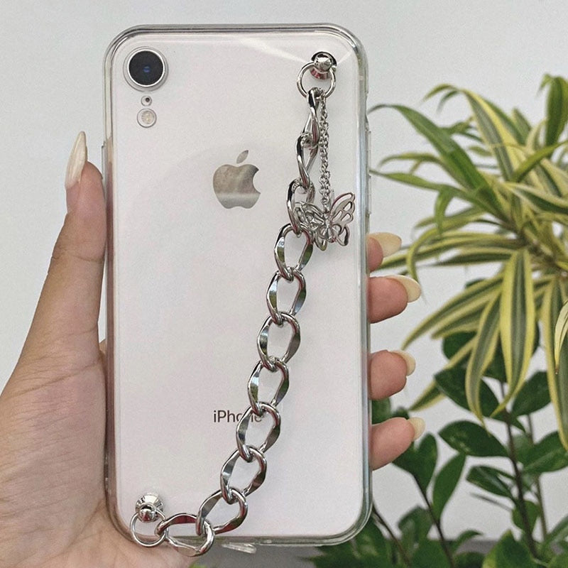 silver butterfly chain phone grip case
