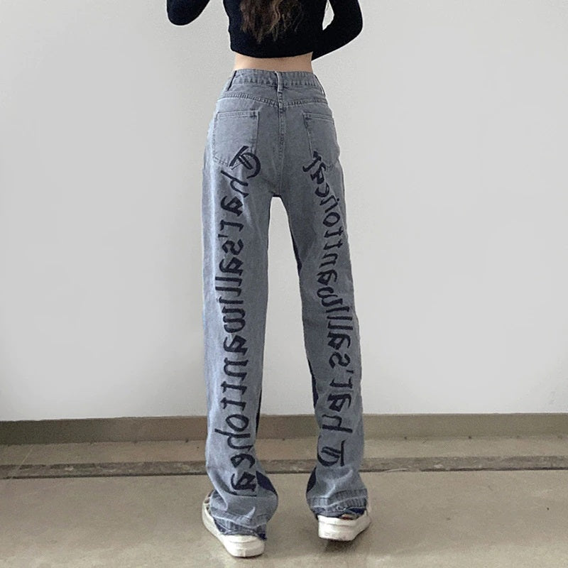gothic lettering blue straight legged high waisted denim jeans with side stripe