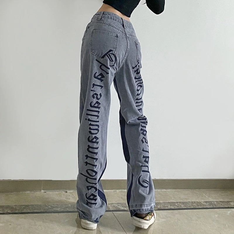 y2k gothic font lettering blue denim jeans