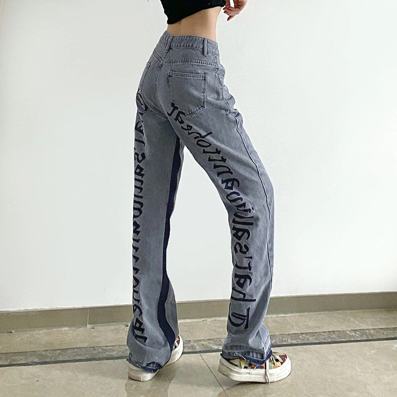 gothic lettering blue straight legged high waisted denim jeans with inner side stripe