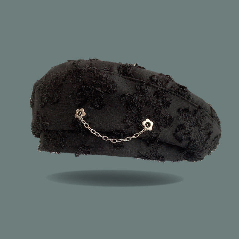 black distressed frayed flower chain beret