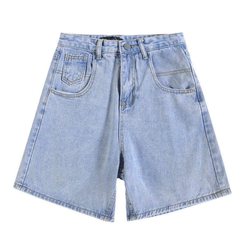 basic light blue mid length denim shorts
