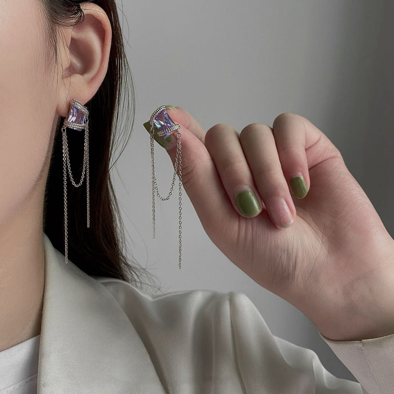 korean purple crystal silver chains earrings
