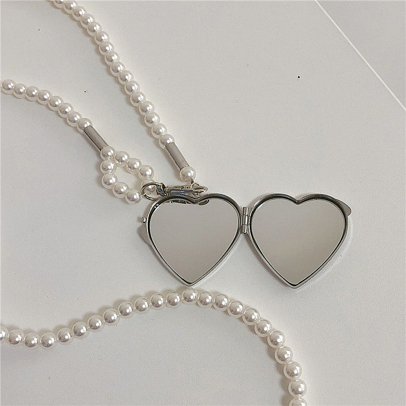 silver heart mirror with pearl chain