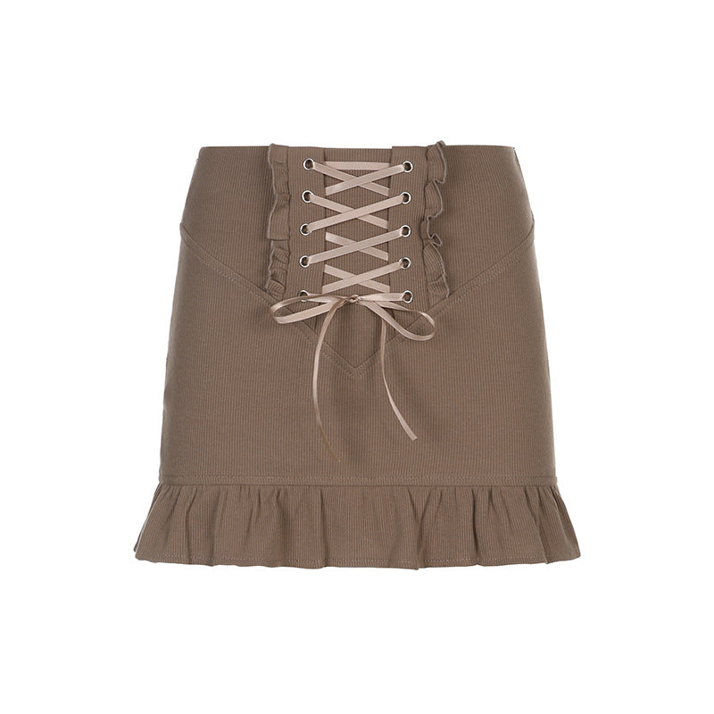 soft and cute Brown high waisted lace-up skirt with ruffles