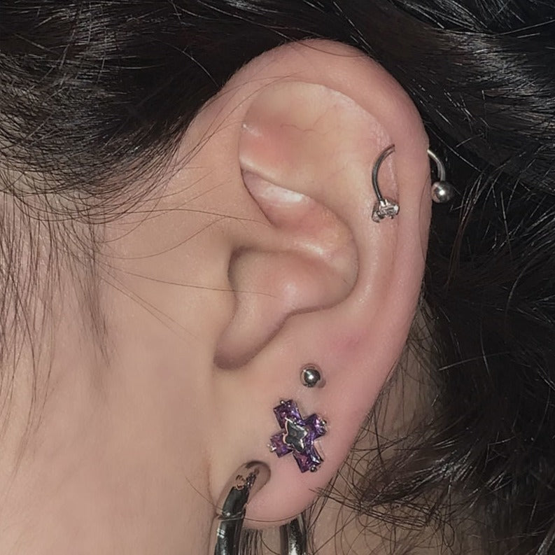 edgy purple amethyst cross tragus earrings