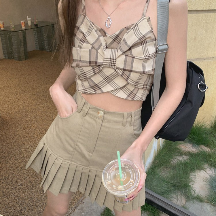 cute plaid bow tie tank top